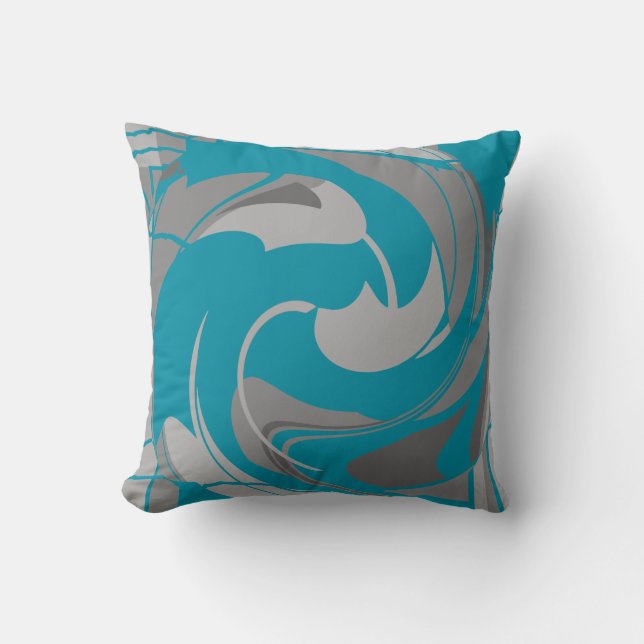 Turquoise Grey Houtskool Bloemen Draaiend Abstract Kussen (Voorkant)