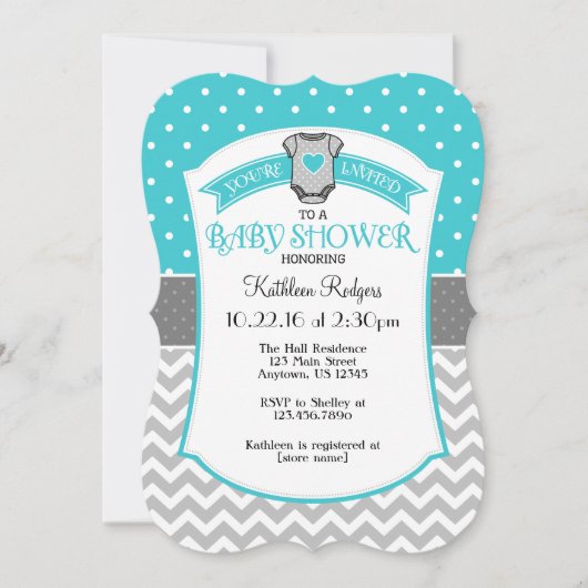Turquoise Grey Polkadot Chevron Baby shower Uitnod Kaart (Voorkant)
