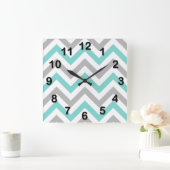 Turquoise, Grey, Wht Large Chevron ZigZag Pattern Vierkante Klok (Huis)