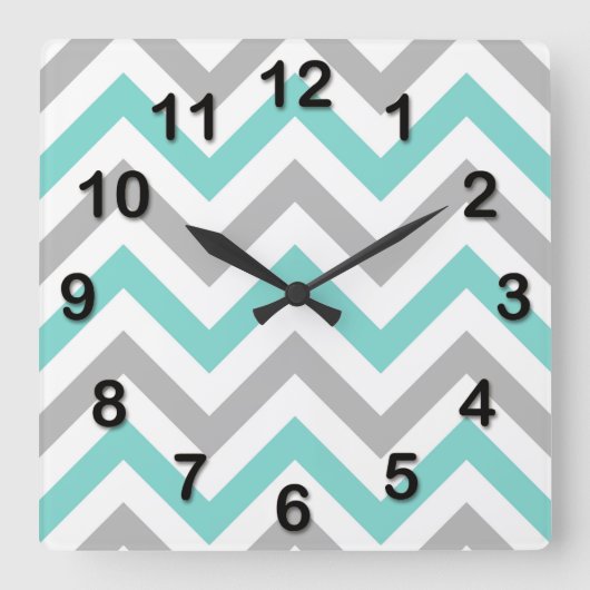 Turquoise, Grey, Wht Large Chevron ZigZag Pattern Vierkante Klok (Voorkant)
