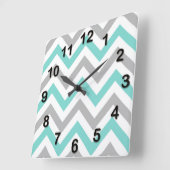 Turquoise, Grey, Wht Large Chevron ZigZag Pattern Vierkante Klok (Hoek)