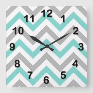 Turquoise, Grey, Wht Large Chevron ZigZag Pattern Vierkante Klok