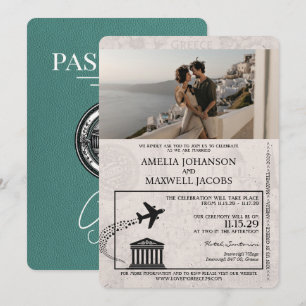 Turquoise Griekenland Paspoort Huwelijksuitnodigin Kaart