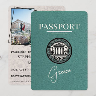 Turquoise Griekenland Paspoort Save the Date Kaart