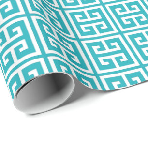 Turquoise Grieks sleutelpatroon Cadeaupapier