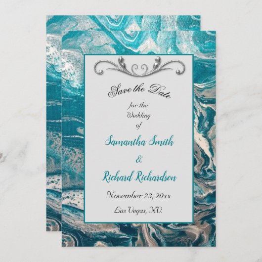 Turquoise Grijs Abstract Save the Date (Voorkant / Achterkant)