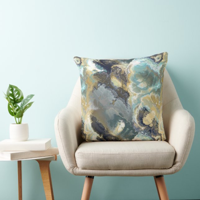 Turquoise, grijs en gouden fractal abstract kussen (Stoel)