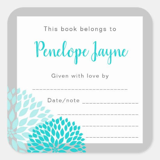 Turquoise Grijs Mums baby shower Bookplate Vierkante Sticker (Voorkant)