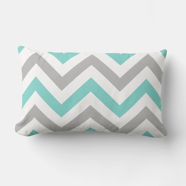Turquoise, Grijs, Wit Groot Chevron ZigZag Patroon Kussen (Voorkant)