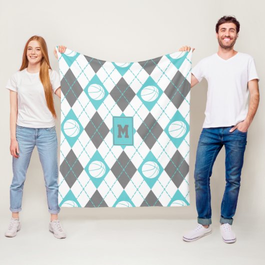 turquoise grijs witte basketbal met de naam argyle fleece deken (In situ)