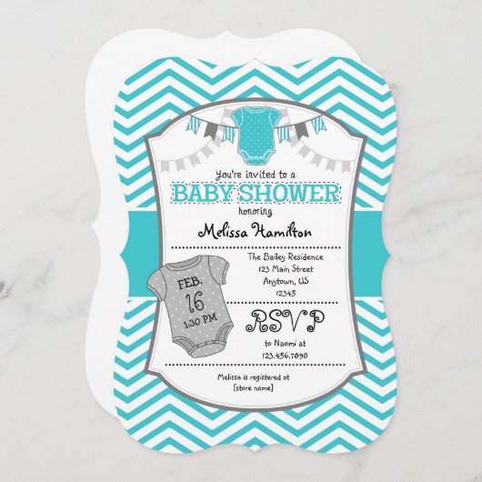 Turquoise grijze chevron babyshower uitnodiging (Voorkant / Achterkant)