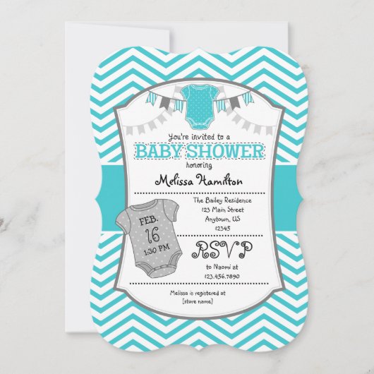Turquoise grijze chevron babyshower uitnodiging (Voorkant)
