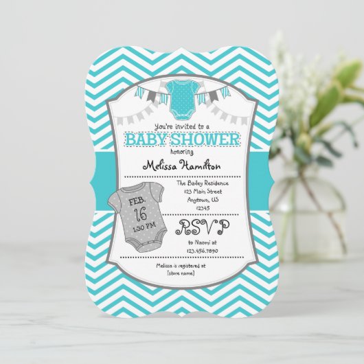 Turquoise grijze chevron babyshower uitnodiging (Staand voorkant)