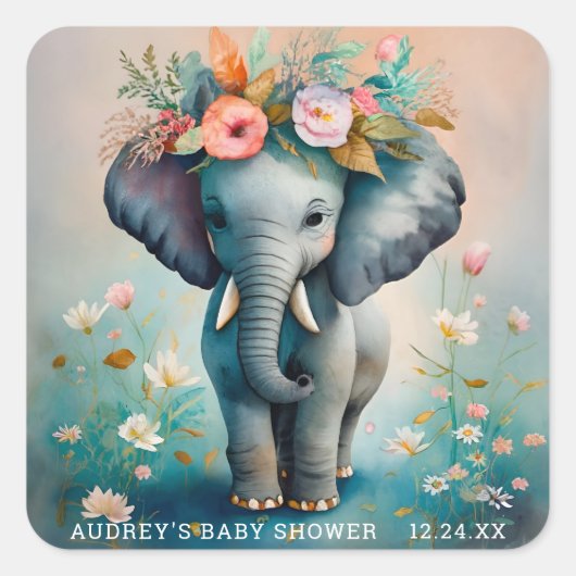 Turquoise Grijze Olifant Baby Shower Stickers (Voorkant)