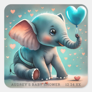 Turquoise Grijze Olifant Jongens Baby Shower Stick Vierkante Sticker