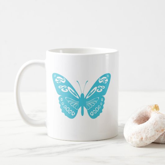 Turquoise grillige vlinder gepersonaliseerde mok (Met donut)