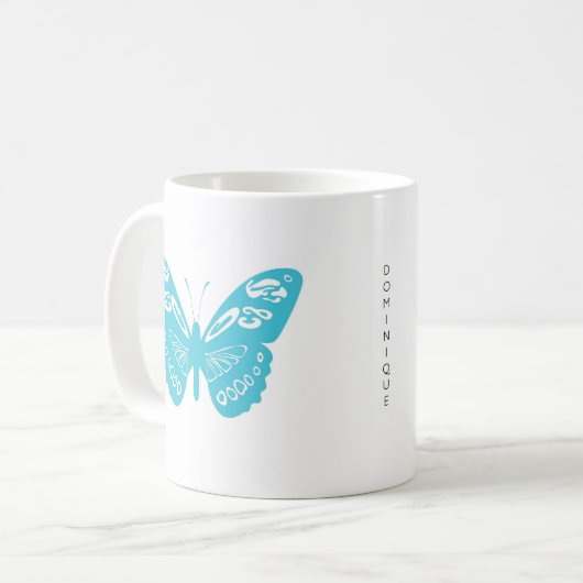 Turquoise grillige vlinder gepersonaliseerde mok (Voorkant links)