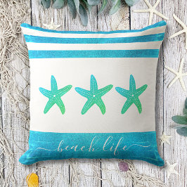 Turquoise groen 3 zeesterren strand life script ve kussen