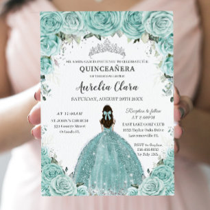 Turquoise Groen Bloemen Prinses Zilver Quinceañera Kaart