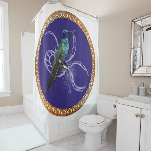 Turquoise groen en blauw met paarse kolibrie douchegordijn (In situ)