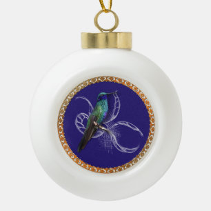 Turquoise groen en blauw met paarse kolibrie keramische bal ornament