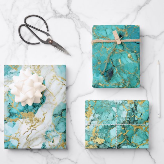 Turquoise groen en gouden marmer inpakpapier vel (Voorkant)
