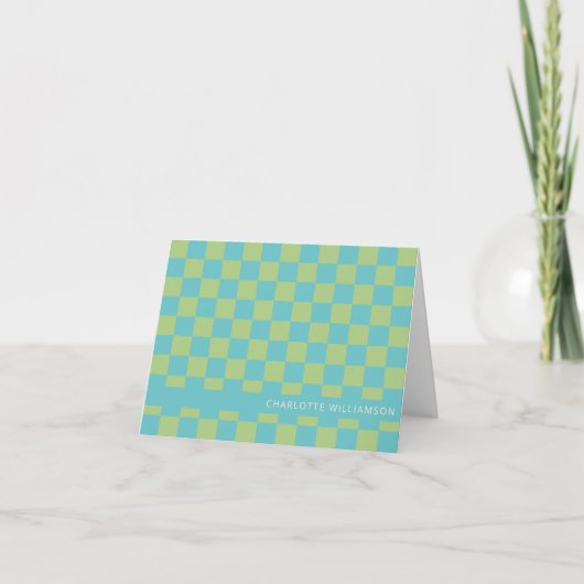 Turquoise Groen Geruit Aangepaste Naam Retro Notitiekaartje (Voorkant)