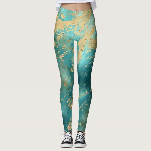 Turquoise Groen Goud Marmer Abstract Modern Leggings (Voorkant)
