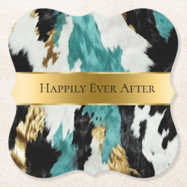 Turquoise Groen Goud Zwart Koeienhuid Bruiloft Kartonnen Onderzetters