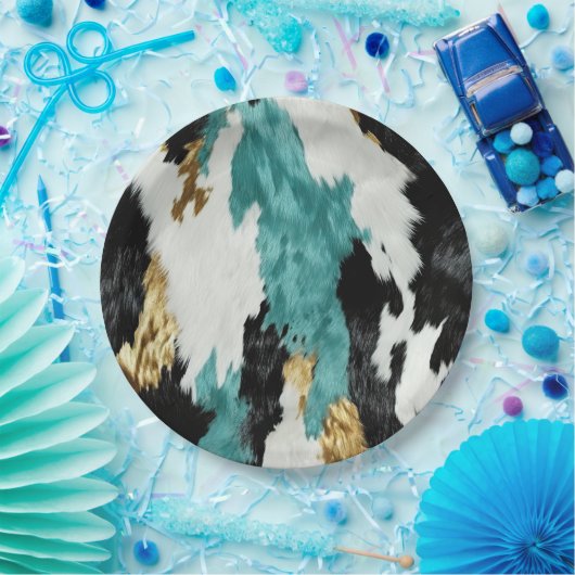 Turquoise Groen Goud Zwart Koeienhuid Bruiloft Papieren Bordje (Feest)