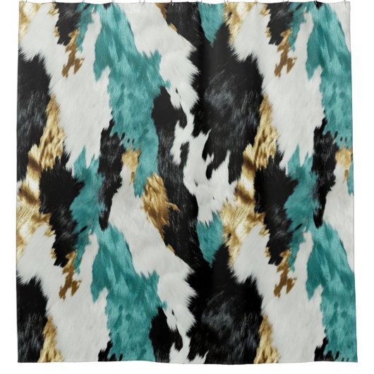 Turquoise Groen Goud Zwart Wit Koeienhuid Douchegordijn (Voorkant)