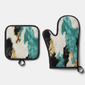 Turquoise Groen Goud Zwart Wit Koeienhuid Ovenwant & Pannenlap Set (Voorkant)