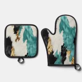 Turquoise Groen Goud Zwart Wit Koeienhuid Ovenwant & Pannenlap Set