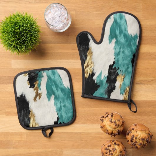Turquoise Groen Goud Zwart Wit Koeienhuid Ovenwant & Pannenlap Set (Top down)
