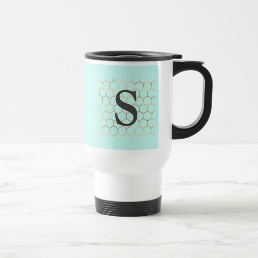 Turquoise Groen Hexagoon Monogram Reisbeker (Rechts)