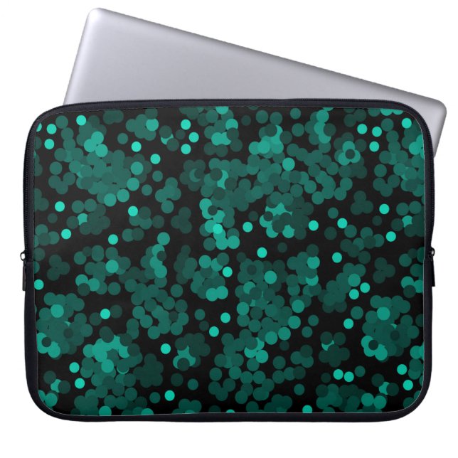 Turquoise groen polka dot patroon op zwart laptop sleeve (Voorkant)