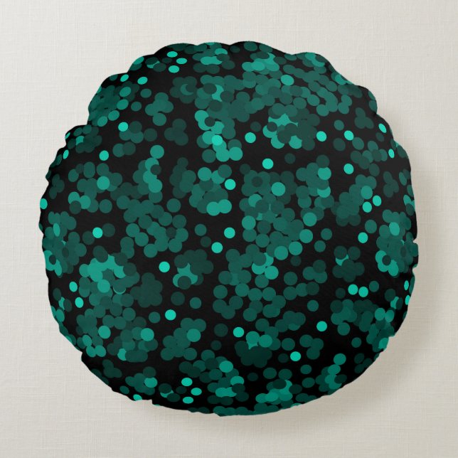 Turquoise groen polka dot patroon op zwart rond kussen (Voorkant)
