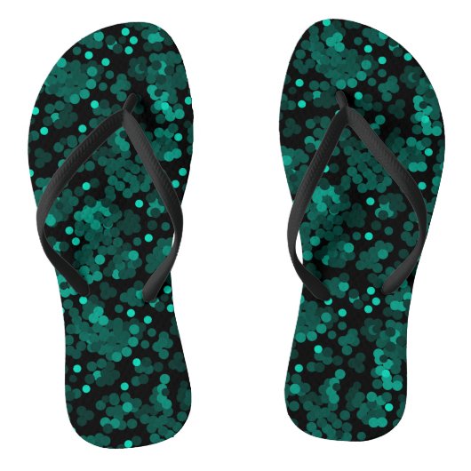 Turquoise groen polka dot patroon op zwart teenslippers (Voetbed)