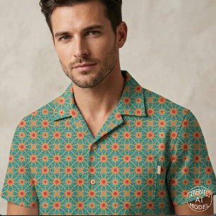 Turquoise Groen Verbrand Oranje en Rood Geometrisc Stof