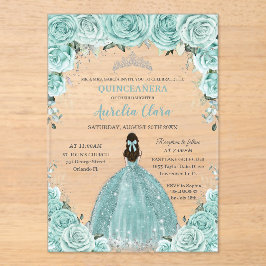 Turquoise Groene Bloemige Prinses Zilver Quinceañe Acryl Uitnodigingen