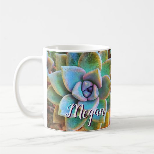 Turquoise groene cactus foto monogram naam script koffiemok (Links)