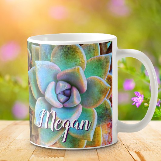 Turquoise groene cactus foto monogram naam script koffiemok