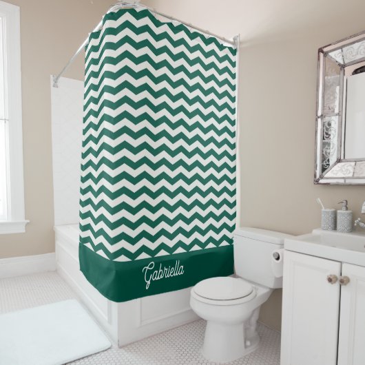 Turquoise groene Chevron zigzag streeppatroon Douchegordijn (In situ)