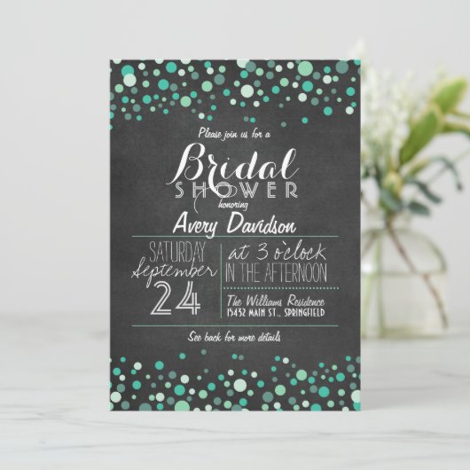 Turquoise Groene Confetti Schoolbord Bruidsdouche Kaart (Staand voorkant)