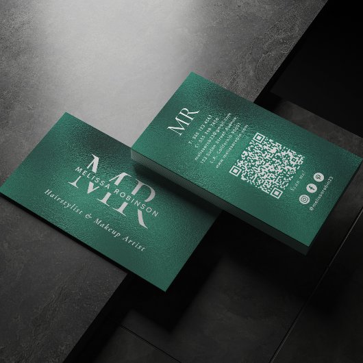 Turquoise Groene Folie Monogram QR-code & Sociale  Visitekaartje