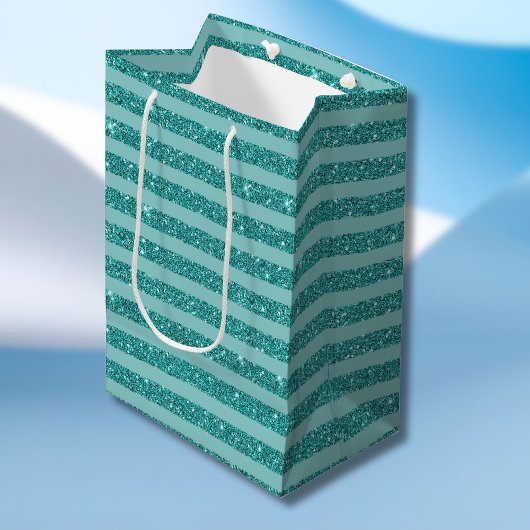 Turquoise Groene Glitter Stijl Horizontale Strepen Medium Cadeauzakje