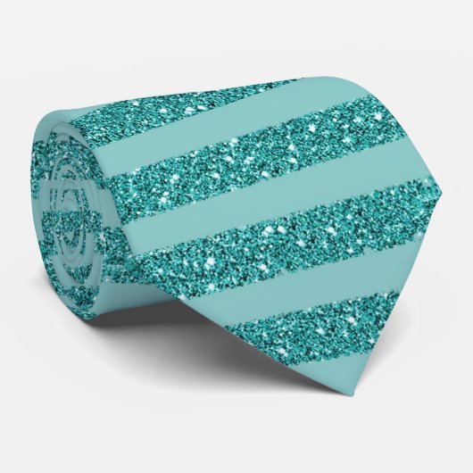 Turquoise Groene Glitter Stijl Horizontale Strepen Stropdas (Opgerold)