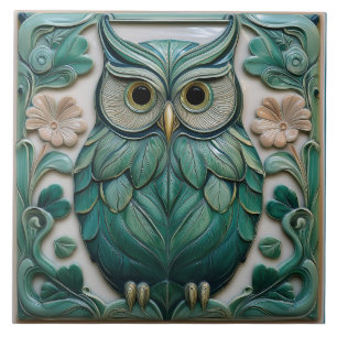 Turquoise groene namaak reliëf Art Nouveau Uil Tegeltje
