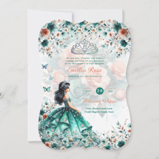 Turquoise Groene Quinceanera Jurk Bloem Butterfly Kaart (Voorkant)