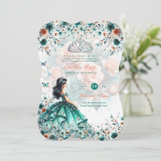 Turquoise Groene Quinceanera Jurk Bloem Butterfly Kaart (Staand voorkant)